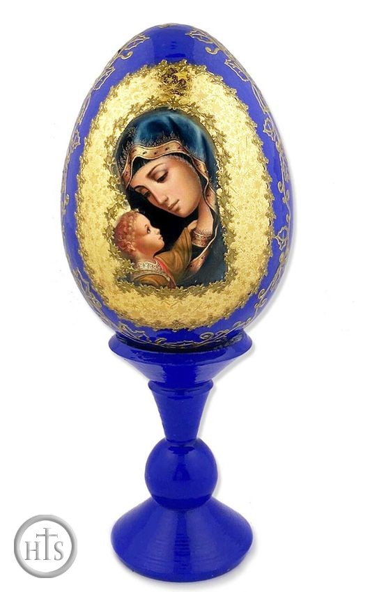 Product Picture - Virgin Mary and Child, Wooden Egg with Stand, Blue