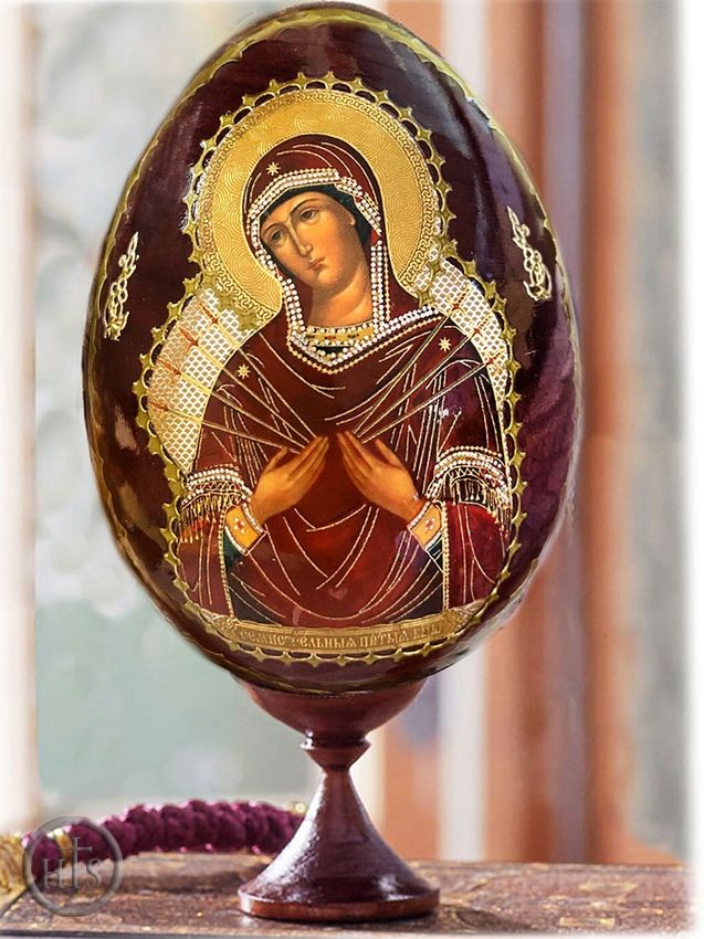 Product Pic - Virgin Mary of Sorrows, Wooden Icon Egg with Stand