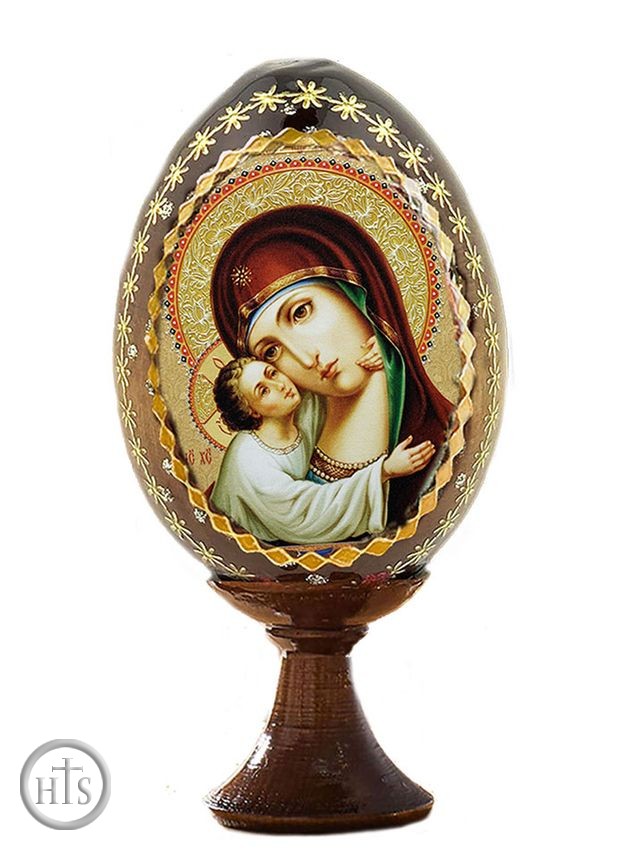 HolyTrinityStore Photo - Virgin Mary Sweet Kissing, Wooden Icon Egg with Stand