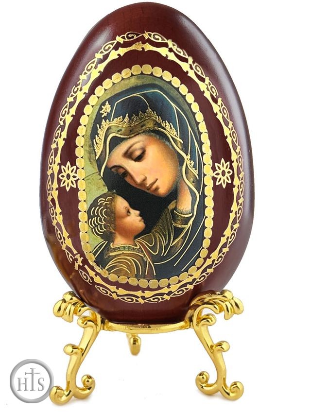 HolyTrinityStore Picture - Virgin Mary and Child, Wooden Decoupage Icon Egg with Stand