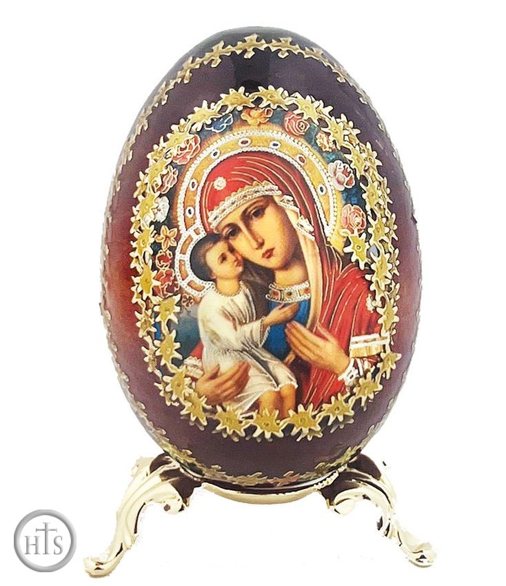 Product Photo - Virgin Mary Zhirovitskaya Icon Egg on Gold Metal Stand