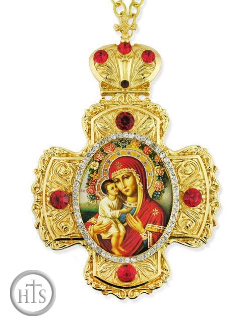 Picture - Virgin Mary Zirovitskaya - Flowers, Faberge Style Framed Cross-Shaped Icon Pendant