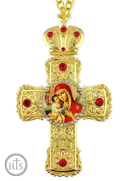 HolyTrinity Pic - Virgin Mary Zirovitskaya,   Faberge Style Framed Cross-Shaped Icon Pendant