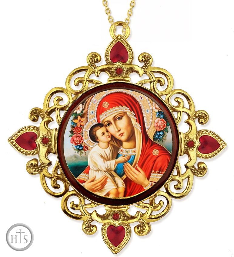 Product Image - Virgin Mary Zirovitskaya - Flowers, Jeweled Framed Icon with Chain