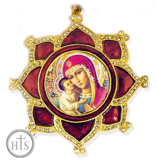 HolyTrinity Pic - Virgin Mary Zirovitskaya - Flowers, Jeweled Icon Ornament with Chain