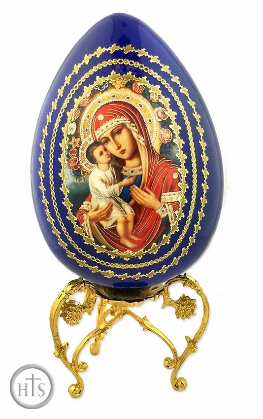 Image - Virgin Mary Zirovitskaya - Flowers, Icon Wooden Egg with Stand, Blue