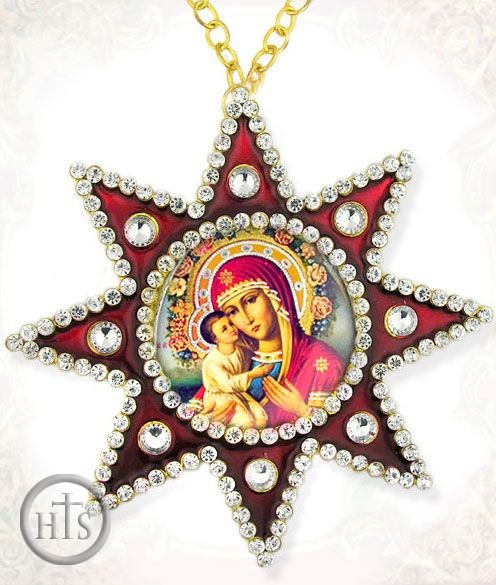 Image - Virgin Mary Zirovitskaya, Ornament Icon Pendant with Chain, Red