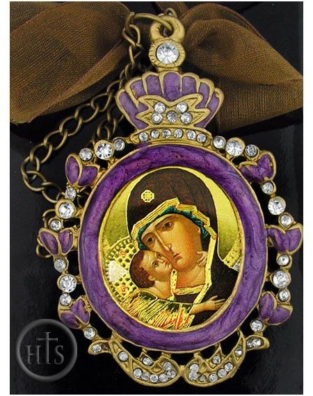 HolyTrinityStore Picture - Virgin Mary Donskaya, Framed Icon Pendant w/Chain & Bow 