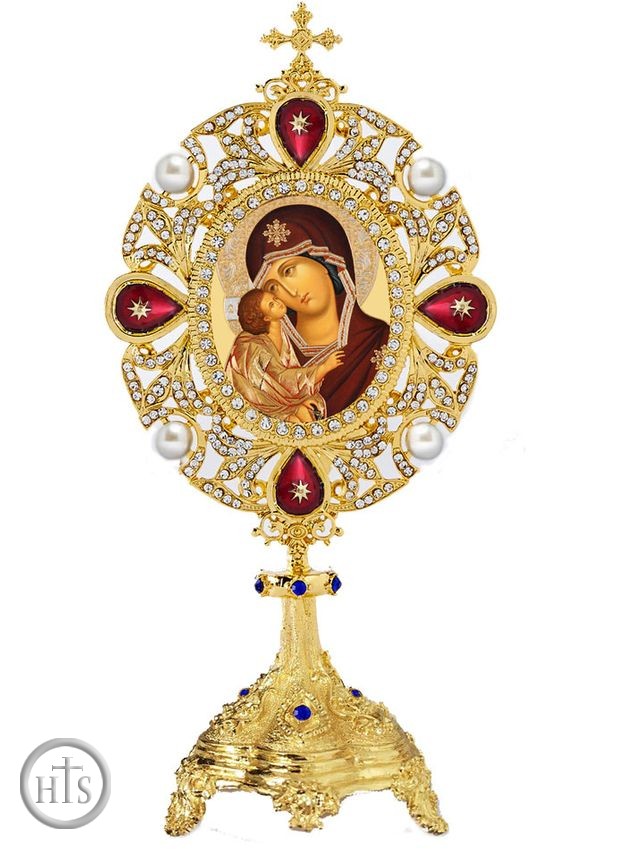 HolyTrinityStore Picture - Virgin Mary of Don, Icon in Pearl Jeweled Shrine, Monstrance Style