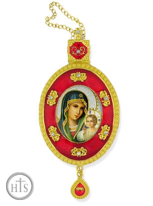 Product Pic - Virgin of Enternal Bloom, Oval Shaped Framed Icon Pendant with Ctystals & Chain