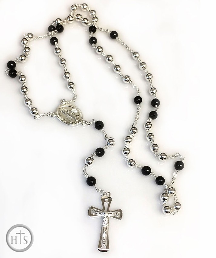 Product Photo - Sterling Silver / Onyx Rosary Prayer Beads with Cross