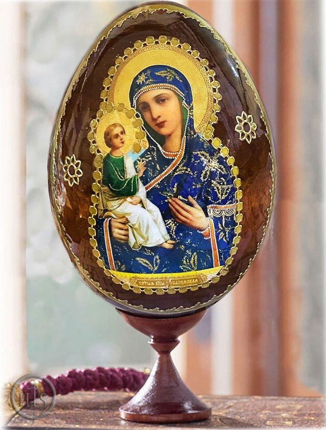 Picture - Virgin of Jerusalem,  Decoupage Wooden Icon Egg with Stand, Red