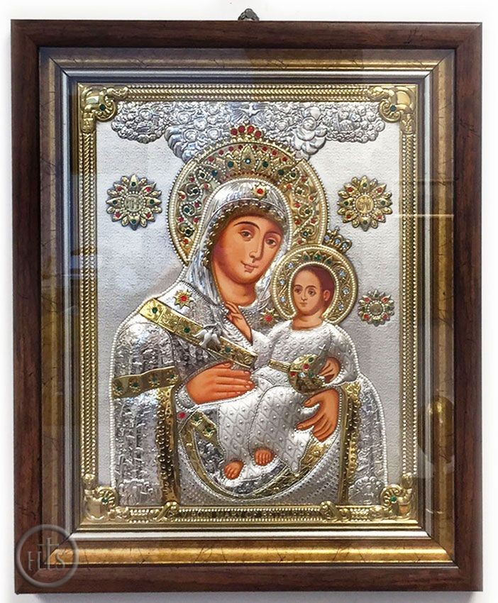 Product Picture - Virgin of Jerusalem,  Hand Decorated Framed Icon with Pearl and Crystals in Silver Riza