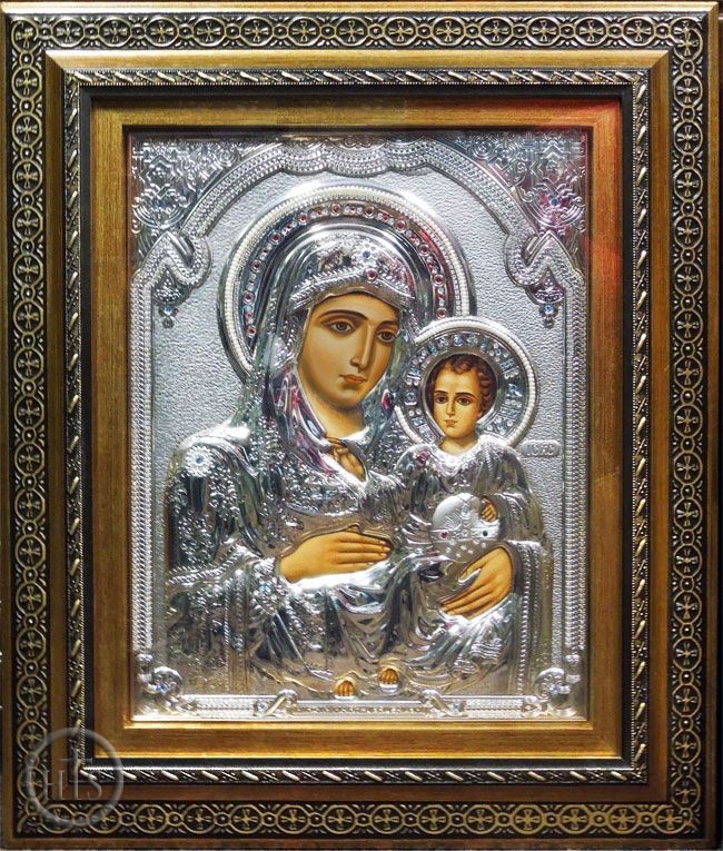 Product Pic - Virgin of Jerusalem, Hand Decorated Orthodox Framed  Icon in Silver Riza 