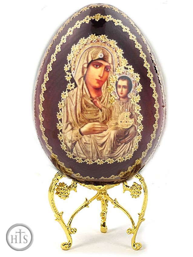 HolyTrinityStore Picture - Virgin of Jerusalem, Wooden Decoupage Icon Egg with Stand