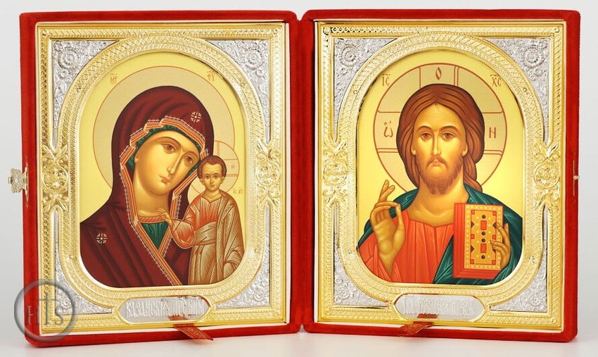 Product Photo - Virgin of Kazan / Christ the Teacher, Icon Diptych in Velvet Case
