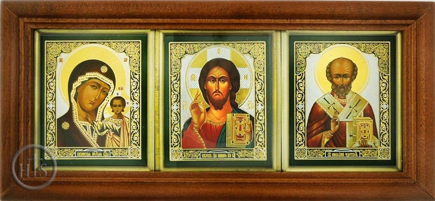 Product Picture - Virgin of Kazan, Christ The Teacher, St Nicholas  Framed Triptych with Glass