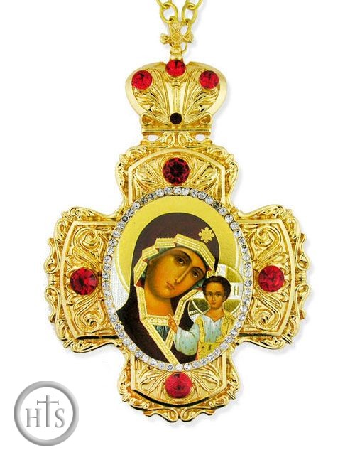Product Pic - Virgin of Kazan,  Faberge Style Framed Cross-Shaped Icon Pendant