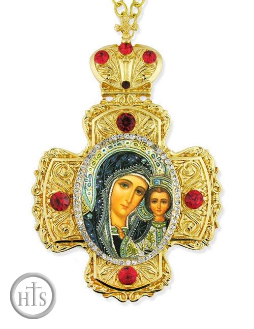 Product Photo - Virgin of Kazan,  Faberge Style Framed Cross-Shaped Icon Pendant