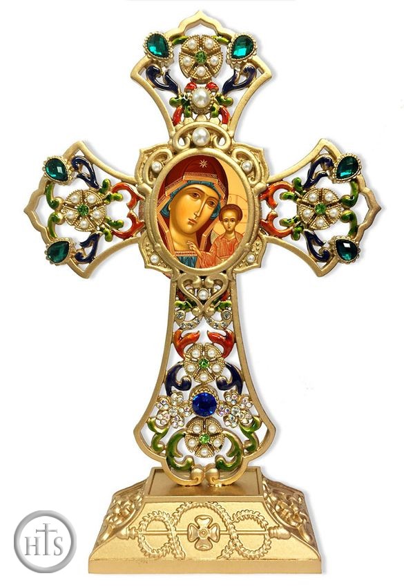 HolyTrinityStore Image - Virgin of Kazan Icon in Filigree Standing Jeweled Cross 