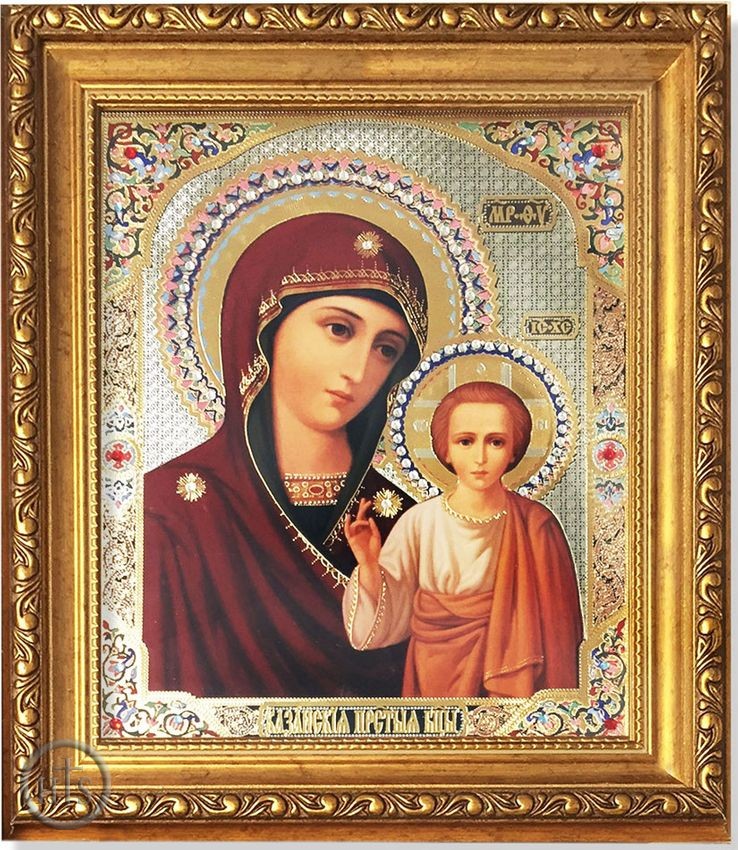 Product Picture - Virgin of Kazan,  Framed Orthodox Icon with Crystals & Glass