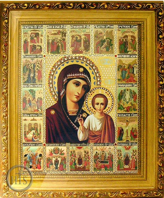 Product Picture - Virgin of Kazan, Framed Vita (Feast) Icon with  Crystals and Glass
