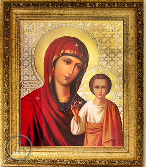 Product Picture - Virgin of Kazan, Framed Orthodox Icon with Crystals & Glass