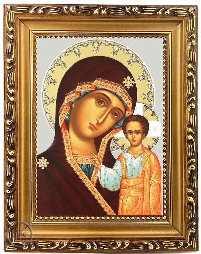 Picture - Virgin of Kazan, Wooden Frame Orthodox Icon with Stand
