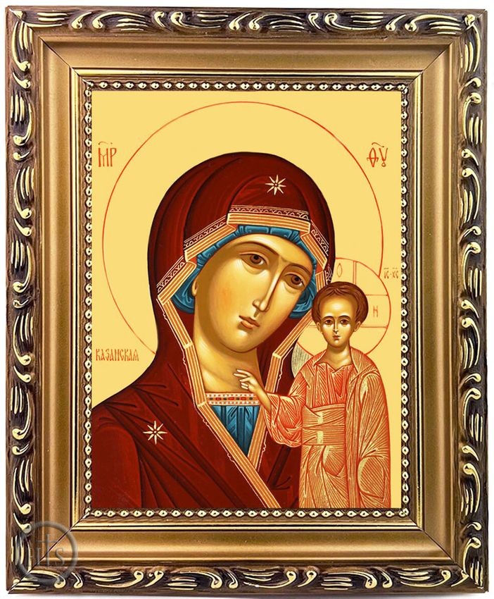 Product Pic - Virgin of Kazan, Wooden Frame Orthodox Icon with Stand