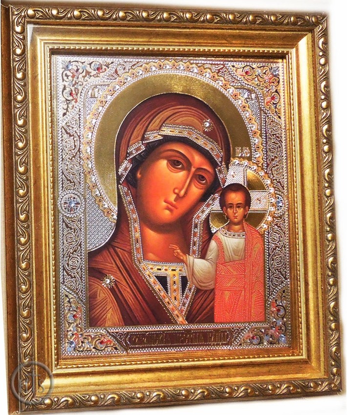 HolyTrinityStore Photo - Virgin Of Kazan, Framed Orthodox Icon with Crystals & Glass
