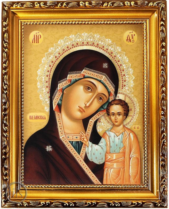 HolyTrinityStore Image - Virgin of Kazan, Wooden Frame Gold Foil Icon with Stand