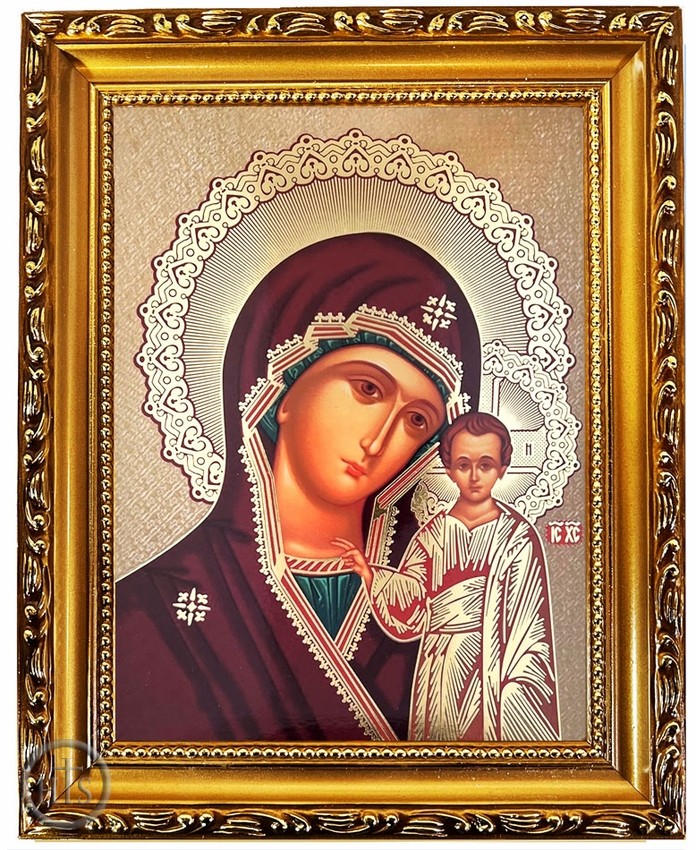 HolyTrinityStore Photo - Virgin of Kazan, Wooden Frame Gold Foil Icon with Stand