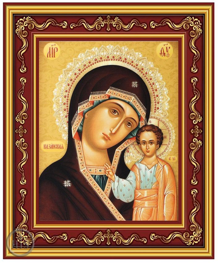 Photo - Virgin of Kazan, Gold Foil Orthodox Icon in Burgundy Frame, Small