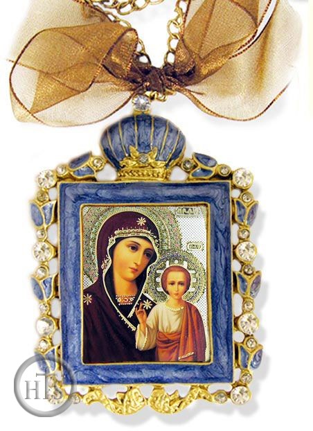 Product Photo - Virgin of Kazan, Faberge Style Framed Icon Ornament, Blue