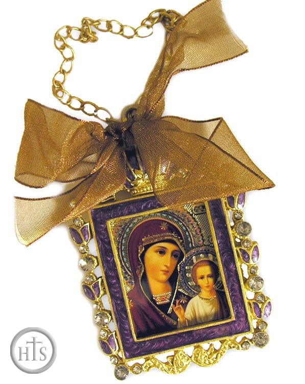 HolyTrinityStore Image - Enamel Framed Virgin of Kazan Icon Pendant, Purple
