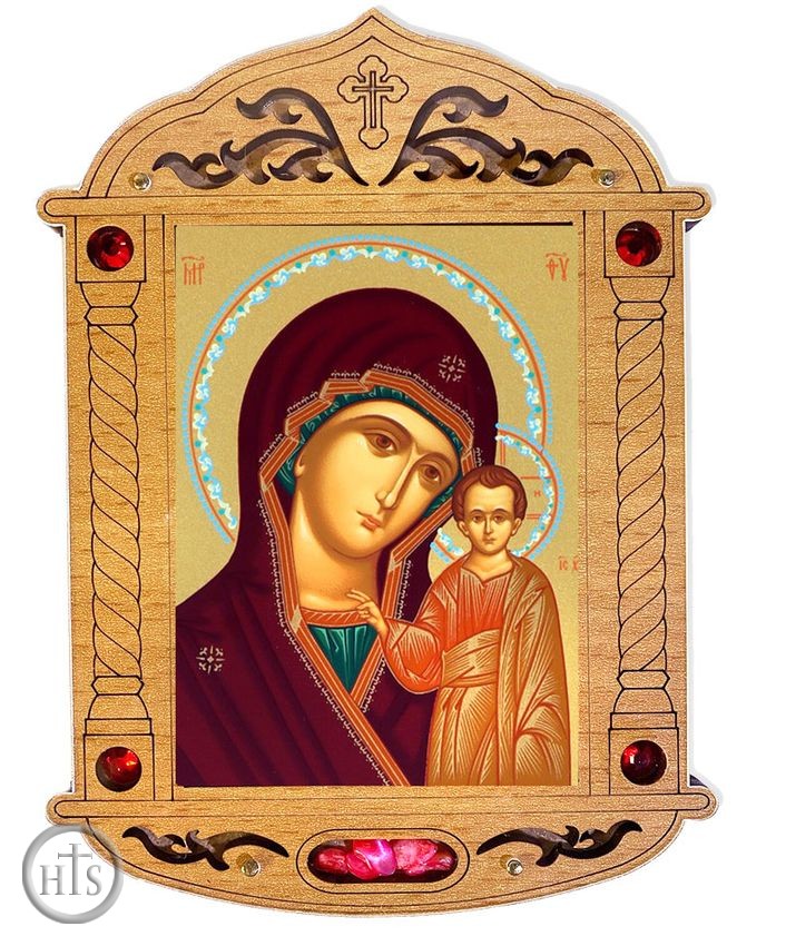 Photo - Virgin of Kazan Icon in Wooden Shrine with Glass and Incense