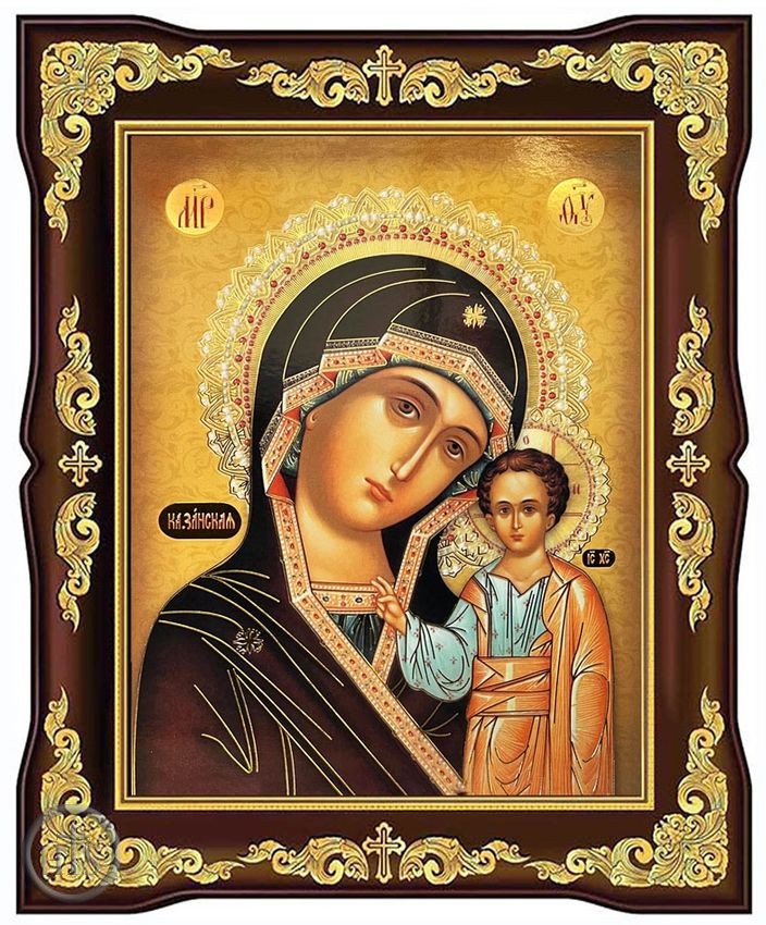 Product Picture - Virgin of Kazan, Framed Gold Foil Icon with Stand