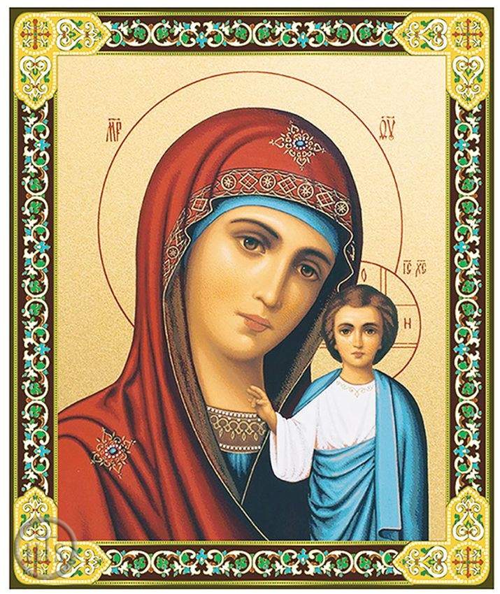 HolyTrinityStore Picture - Virgin of Kazan, Gold Foil Orthodox Icon with Stand, Medium