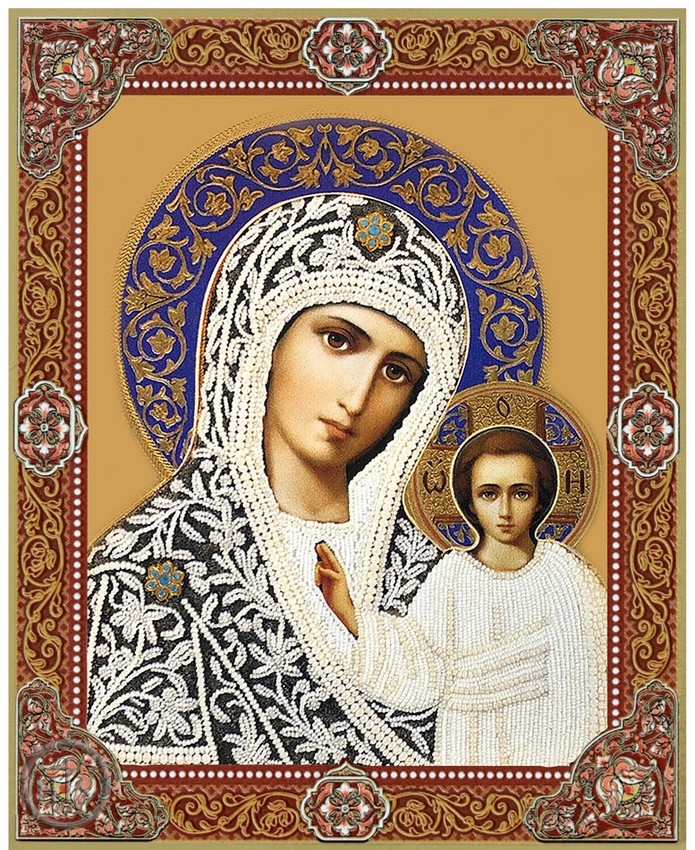 HolyTrinityStore Picture - Virgin of Kazan, Orthodox Gold Foil Icon with Stand