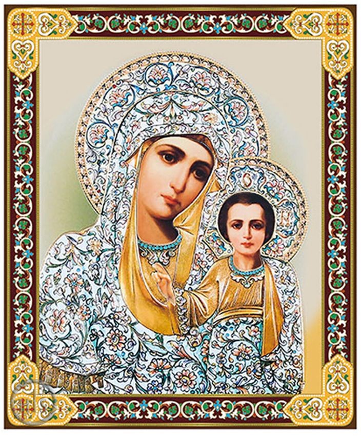 Image - Virgin of Kazan, Gold Foil Orthodox Icon with Stand, Medium