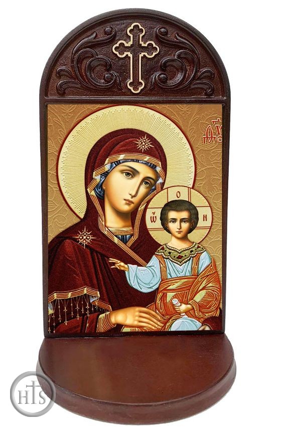 Pic - Virgin of Kazan Icon in Wooden Shrine With Shelf 