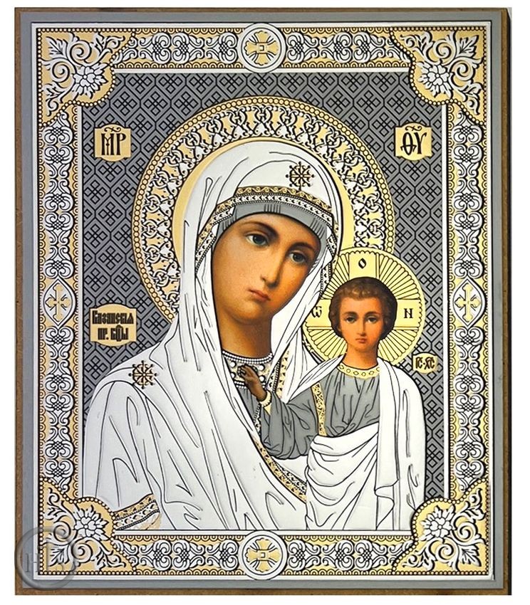 HolyTrinityStore Image - Virgin of Kazan, Gold Foil Orthodox Icon with Stand
