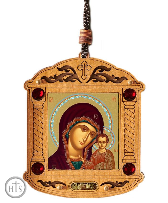 Picture - Virgin of Kazan, Wooden Icon Shrine Pendant Ornament on Rope