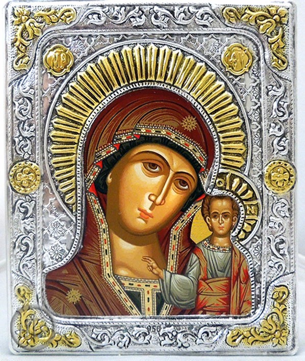 Product Image - Virgin of Kazan, Serigraph Icon in Sterling  Silver / Gold Plated Oklad 