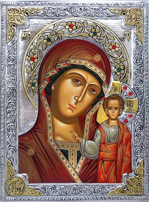 Image - Virgin of Kazan, Serigraph Icon in Sterling  Silver / Gold Plated Oklad 