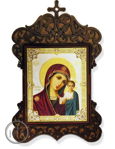 HolyTrinityStore Image - Virgin of Kazan, Gold & Silver Foiled Orthodox Icon in  Wood Shrine