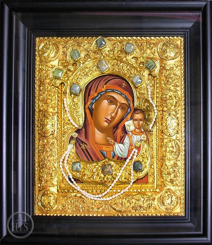 Product Picture - Virgin of Kazan, Hand Decorated  Framed Icon in Silver / Gold Plated Oklad 