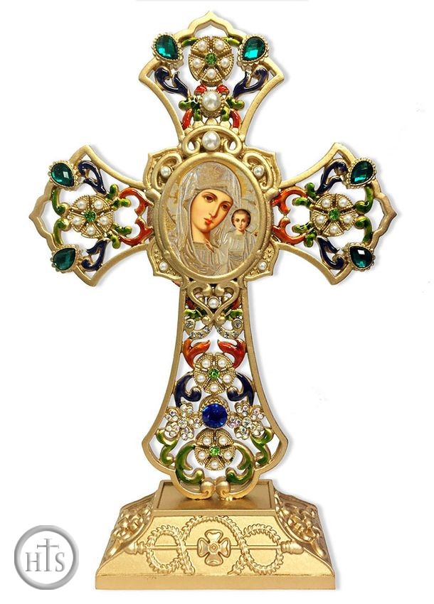 Product Pic - Virgin of Kazan in Filigree Standing Jeweled Cross