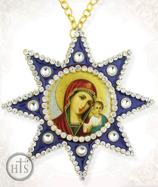 Product Picture - Virgin of Kazan, Ornament Icon Pendant with Chain, Blue
