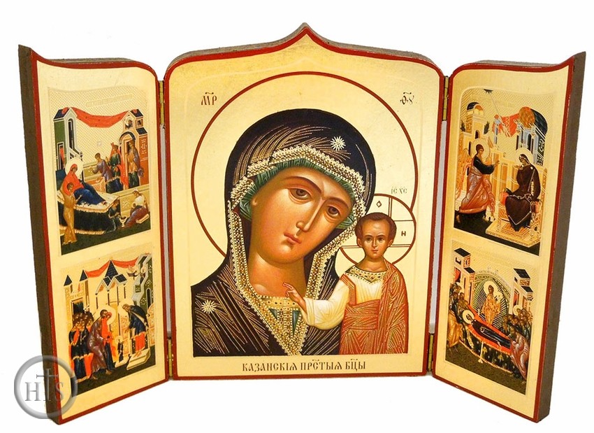 Picture - Virgin of Kazan with Feast Days, Hand Enhanced Serigraph Icon Triptych